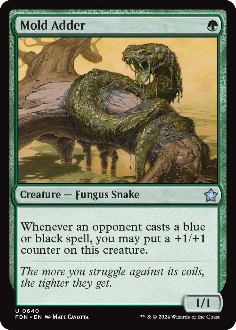 Green fungus snake coiled around a tree trunk on a Magic: The Gathering card.