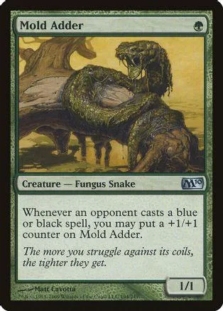 Green and brown fungus snake creature card art. Mold Adder, 1/1.
