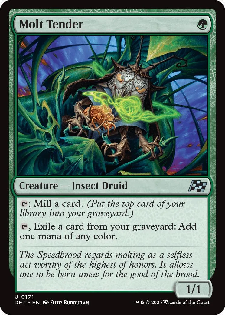 Molt Tender Magic: The Gathering card art featuring a dark insect creature.