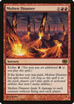Volcanoes erupting in fiery orange and red on a Magic: The Gathering card.