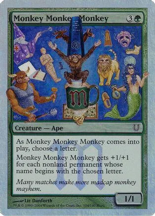 Monkey Monkey Monkey card art featuring a monkey atop a mug, blue and green colors.