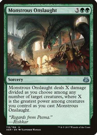 Green and black fantasy card art showing dragons and warriors in battle.