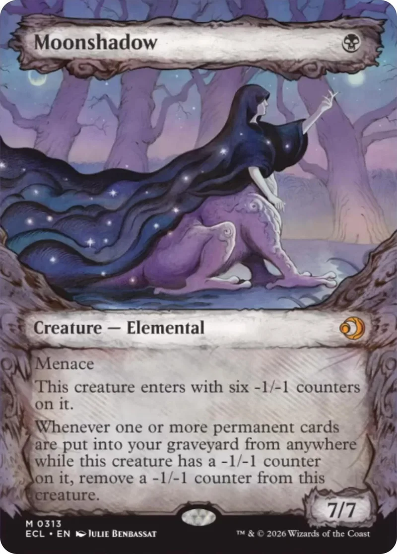 Dark-haired figure on purple creature in a forest scene, Moonshadow card.