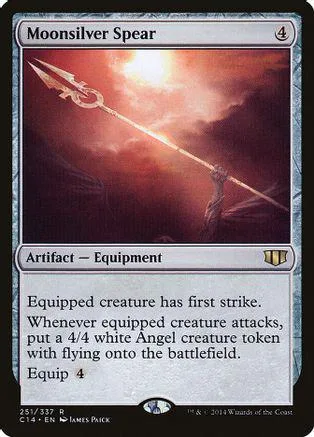 Silver spear artifact card with fiery sunset background.