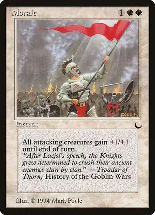 White and grey armored figure holding red flag on fantasy card.