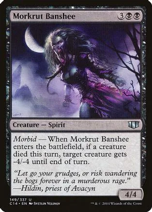 Purple spirit creature card, "Morkrut Banshee," with black and white text.