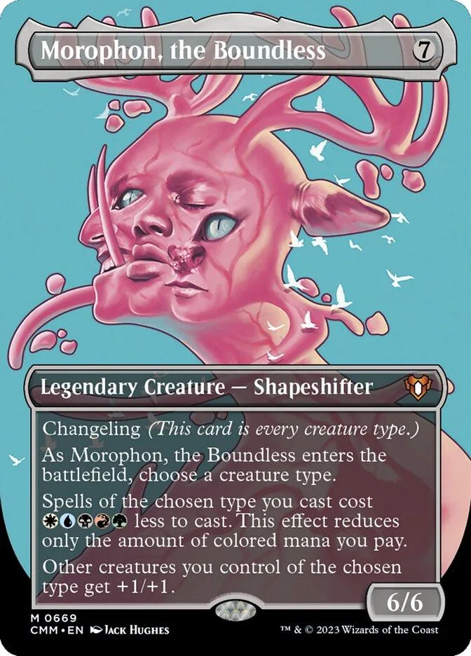Pink, abstract creature card art with blue background. Card shows 7 mana cost.