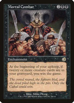 Dark, armored figure surrounded by fighters on a Mortal Kombat card.