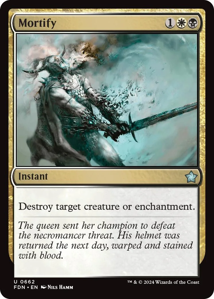 Magic: The Gathering card, "Mortify," featuring a dark, armored figure in a stormy scene.
