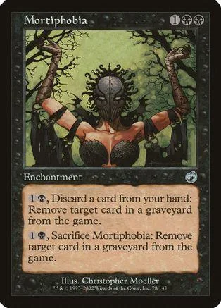 Dark, masked figure in green forest setting on a black card.