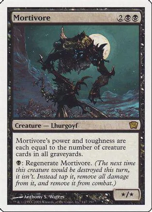 Dark, monstrous creature on a night sky card. Black and deep blue tones.