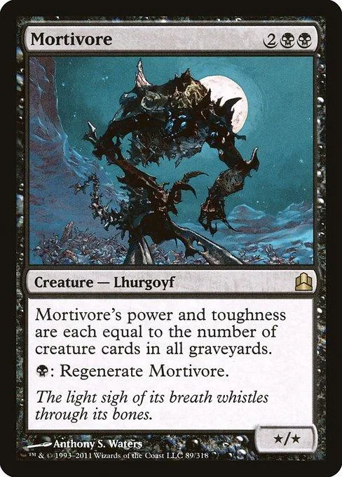 Dark, monstrous creature on a night sky card art. Black and blue tones.