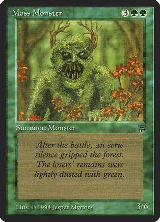 Green moss monster with antlers in a forest setting on a trading card.