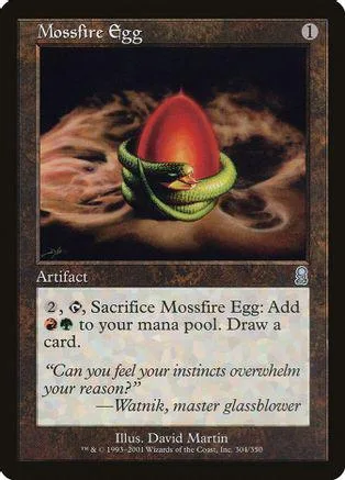 Red egg coiled by green snake on dark, smoky background. Magic card.