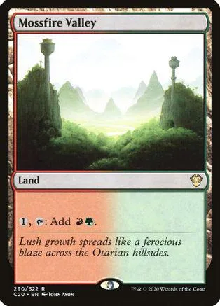 Green landscape card art, "Mossfire Valley," land type, text box visible.