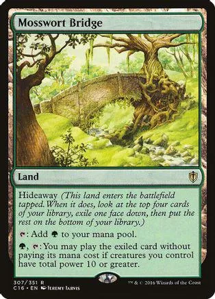 Mosswort Bridge land card art: stone bridge over stream in green forest.