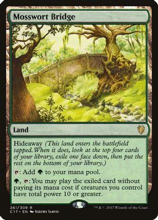 Green bridge over stream in a forest setting on a Magic: The Gathering card.