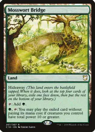 Green bridge over stream in a forest setting on a Magic: The Gathering card.