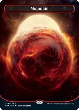 Red and orange fiery sphere on dark background, "Mountain" card art.