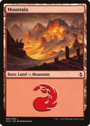 Mountain land card art showing fiery, rugged mountain landscape.