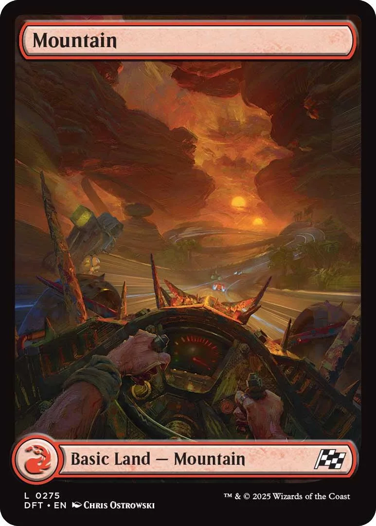 Mountain land card art showing fiery, dramatic landscape from a vehicle cockpit.