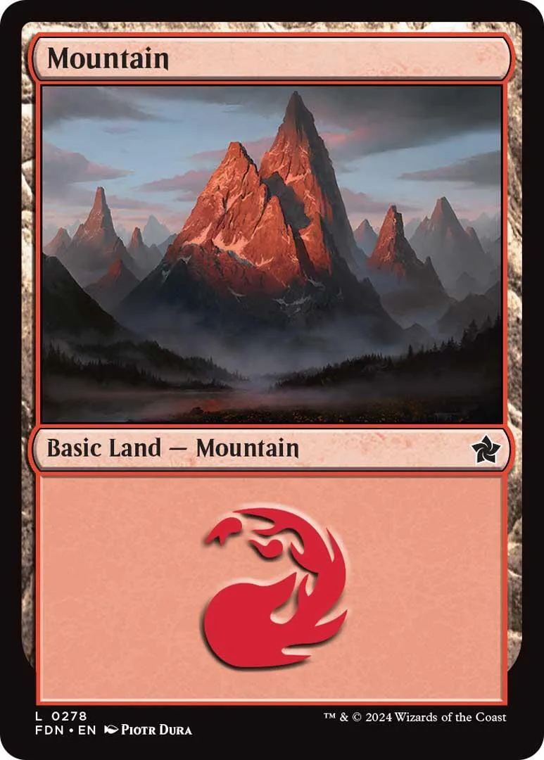 Mountain land card art showing towering, reddish-orange peaks in misty landscape.