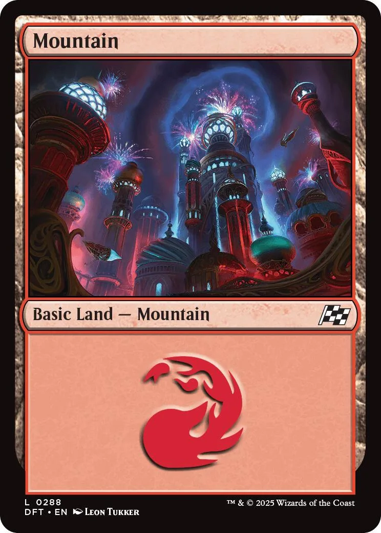 Fantasy mountain city scene on a Magic: The Gathering land card.