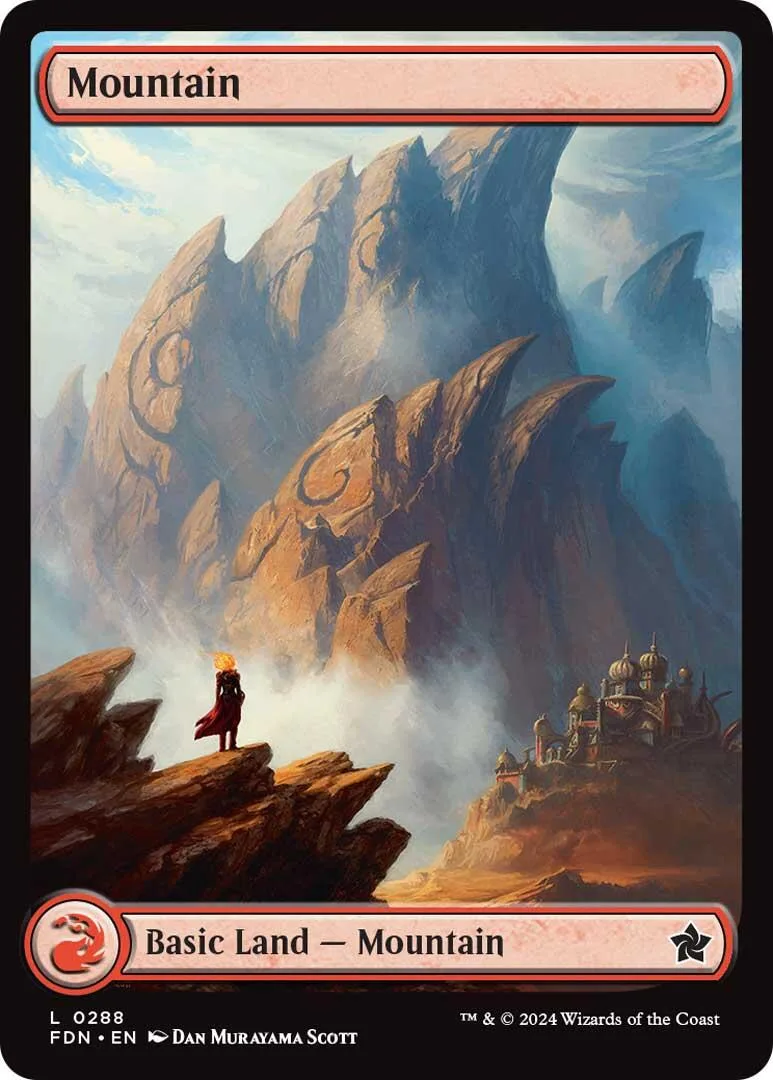 Mountain land card art showing large, misty, brown rock formations.