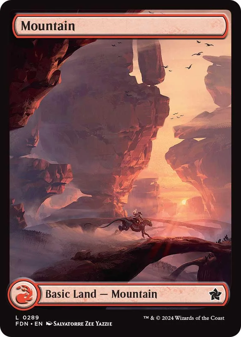 Mountain land card art showing towering orange and brown rock formations at sunset.