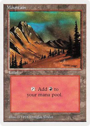 Mountain land card art showing brown and green mountains and trees.