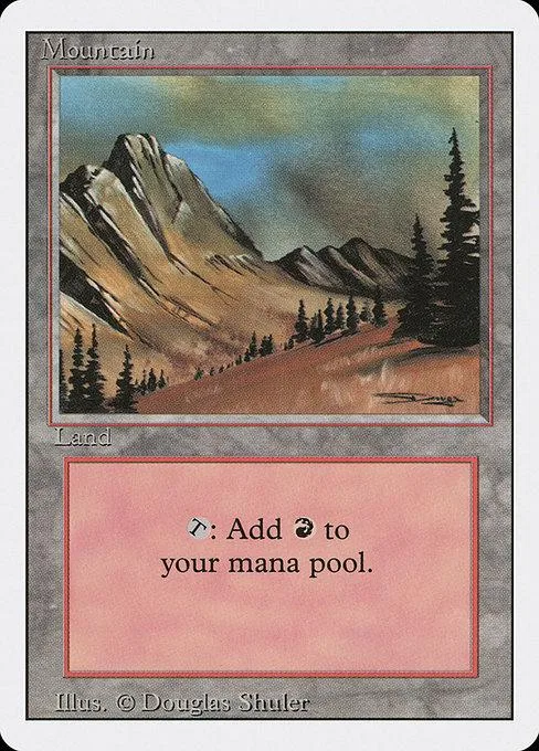 Mountain land card art showing brown mountains and green pine trees.