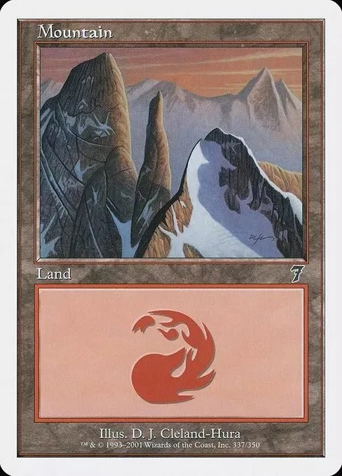 Mountain land card art showing brown and gray mountains under an orange sky.