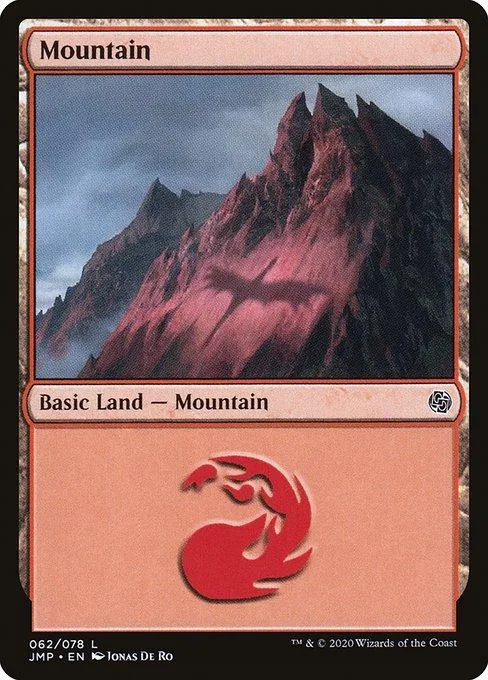 Mountain land card art showing dark, jagged mountains under a cloudy sky.