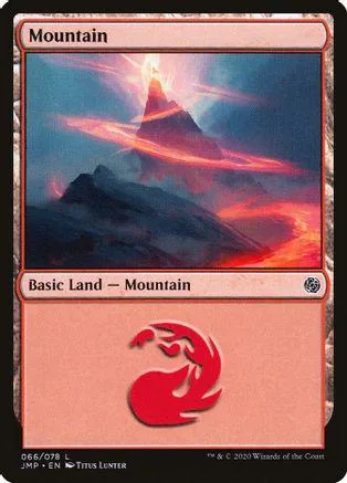 Mountain land card art showing a vibrant, fiery mountain peak against a sky.