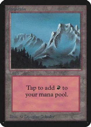 Blue and white mountain landscape on a Magic: The Gathering Land card.