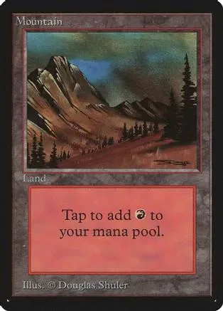 Mountain land card art showing brown and green mountains and trees.
