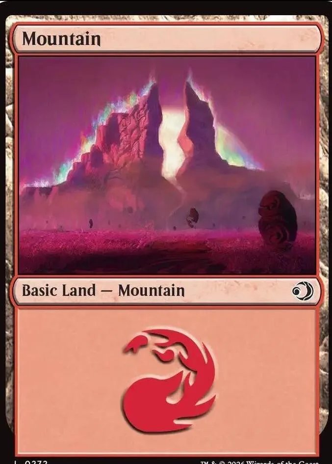 Purple and pink mountain landscape on a Magic: The Gathering land card.