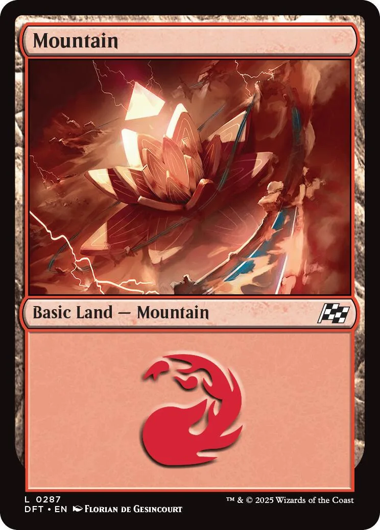 Red and orange mountain landscape art on a Magic: The Gathering land card.