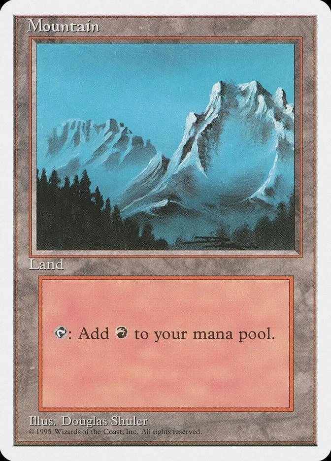 Mountain land card art featuring blue mountains and dark forest below.