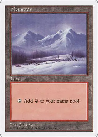 Mountain land card art showing snowy, purple-hued mountain range.