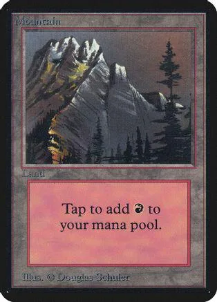 Mountain landscape card art, dark mountains, pine trees, and pink mana pool text.