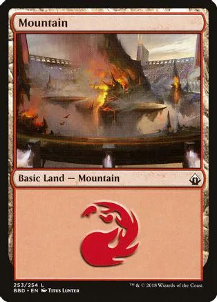 Mountain land card art showing fiery mountain landscape.