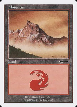 Mountain land card art showing a large, misty, brown and orange mountain range.