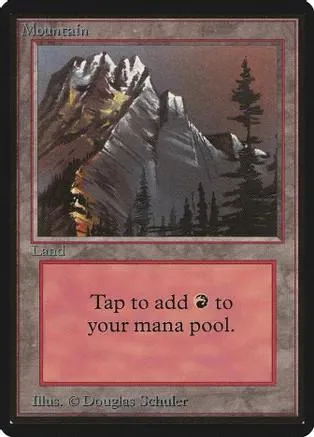Mountain landscape art card, brown and grey tones, showing rugged peaks and trees.