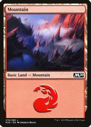 Mountain land card art showing jagged peaks under a dramatic sky.