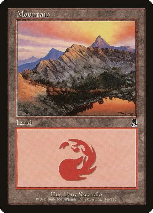 Mountain land card art showing layered mountains at sunset.