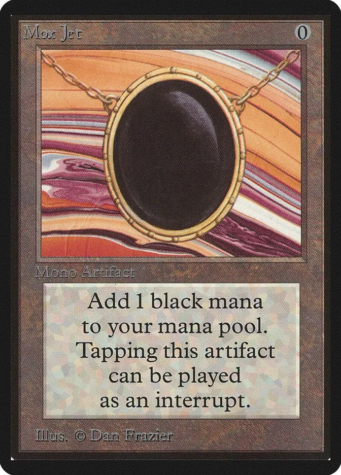 Black framed card featuring a gold-rimmed, dark circular object against an orange/purple background.