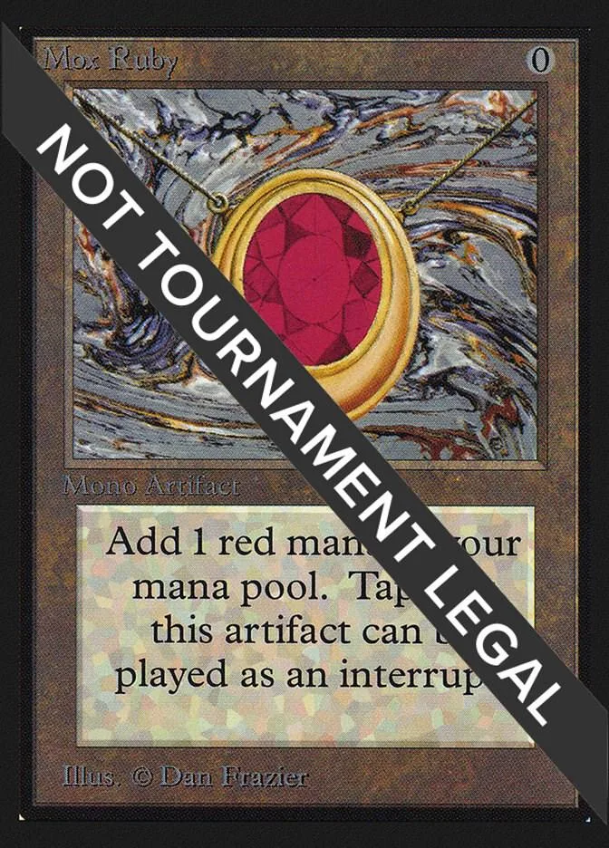 Red gem pendant on a card with gold and red tones.