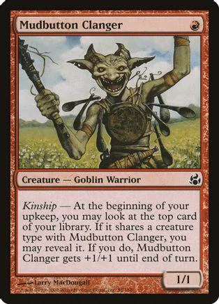 Goblin warrior creature card art, green field background, black and white text.