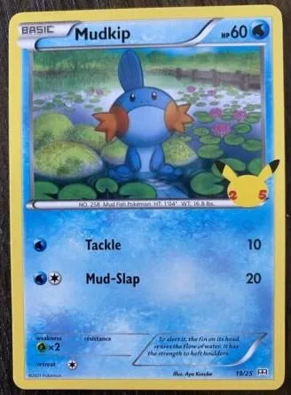 Blue and orange Pokémon card featuring a mudkip in a pond setting.